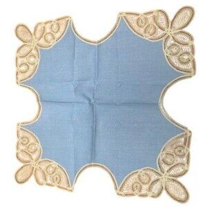 Vintage Light Blue Doily Basket Liner 16"x16" with Beige Lace Floral Design